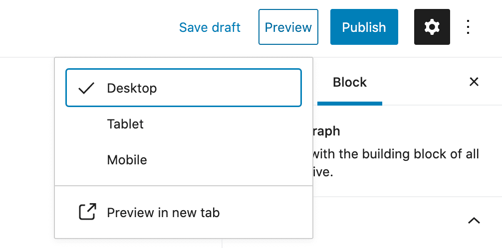 Device preview options in the latest version of WordPress