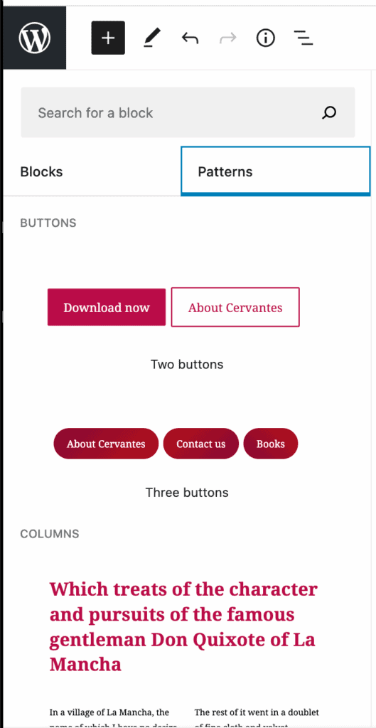 Block patterns in Gutenberg