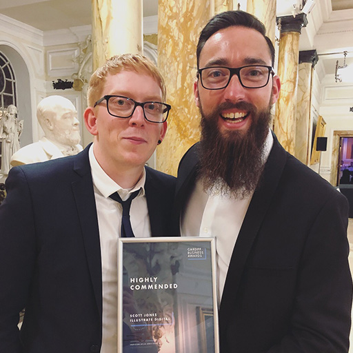 Scott Jones and Josh Bedford celebrating at an awards event in Cardiff