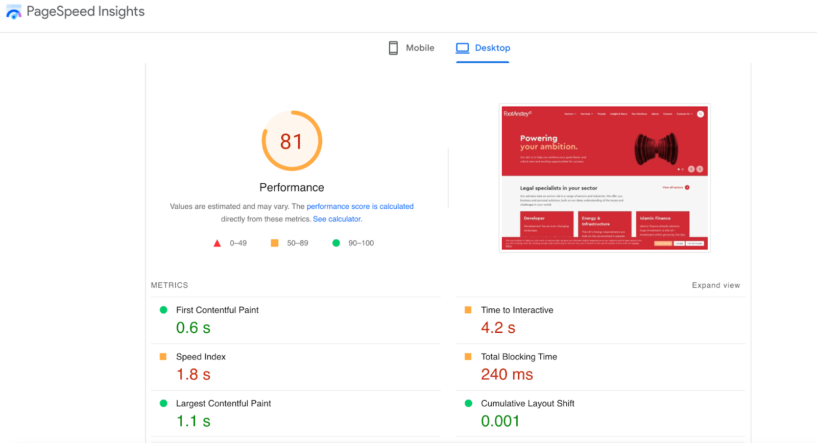 A screenshot of Google PageSpeed Insights showing the desktop website performance before undertaking improvements