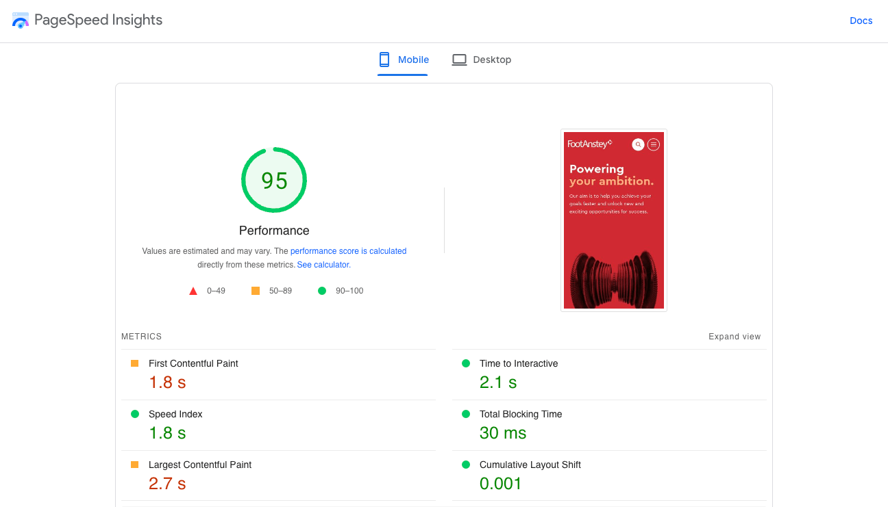 A screenshot of Google PageSpeed Insights showing the mobile website performance after carrying out improvements