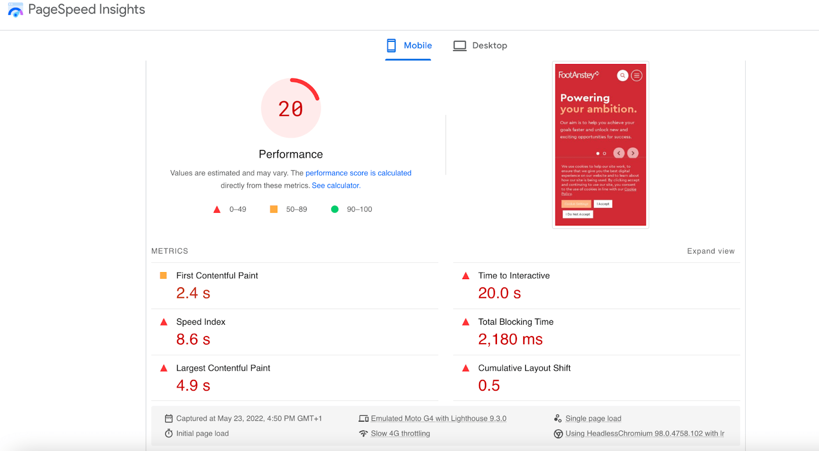 A screenshot of Google PageSpeed Insights showing the mobile website performance before undertaking improvements